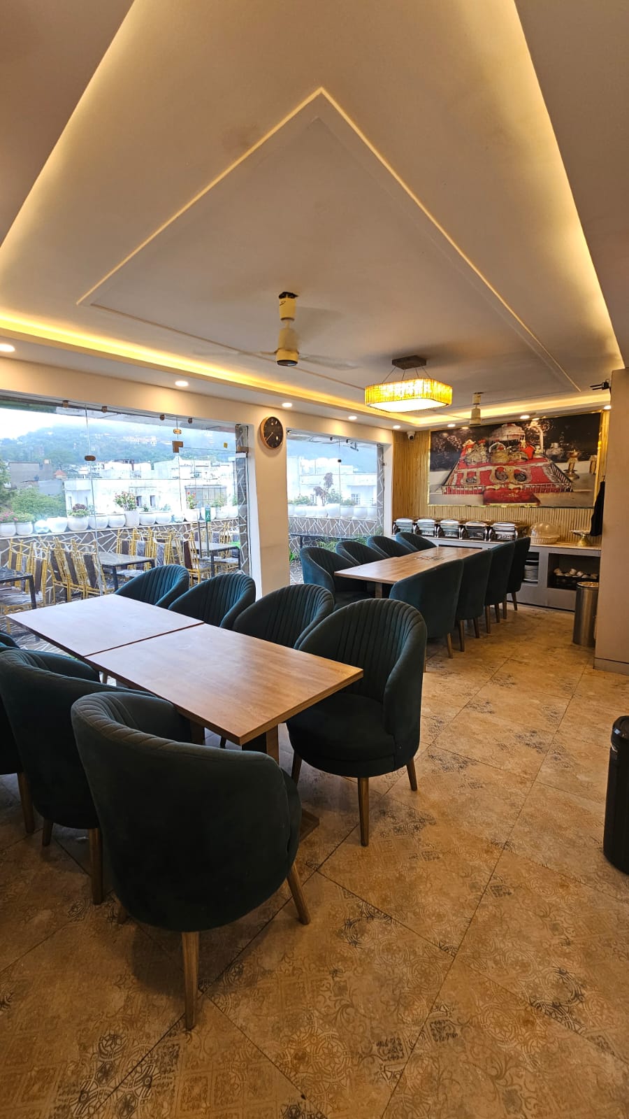 Dining hall seating at the rooftop restaurant