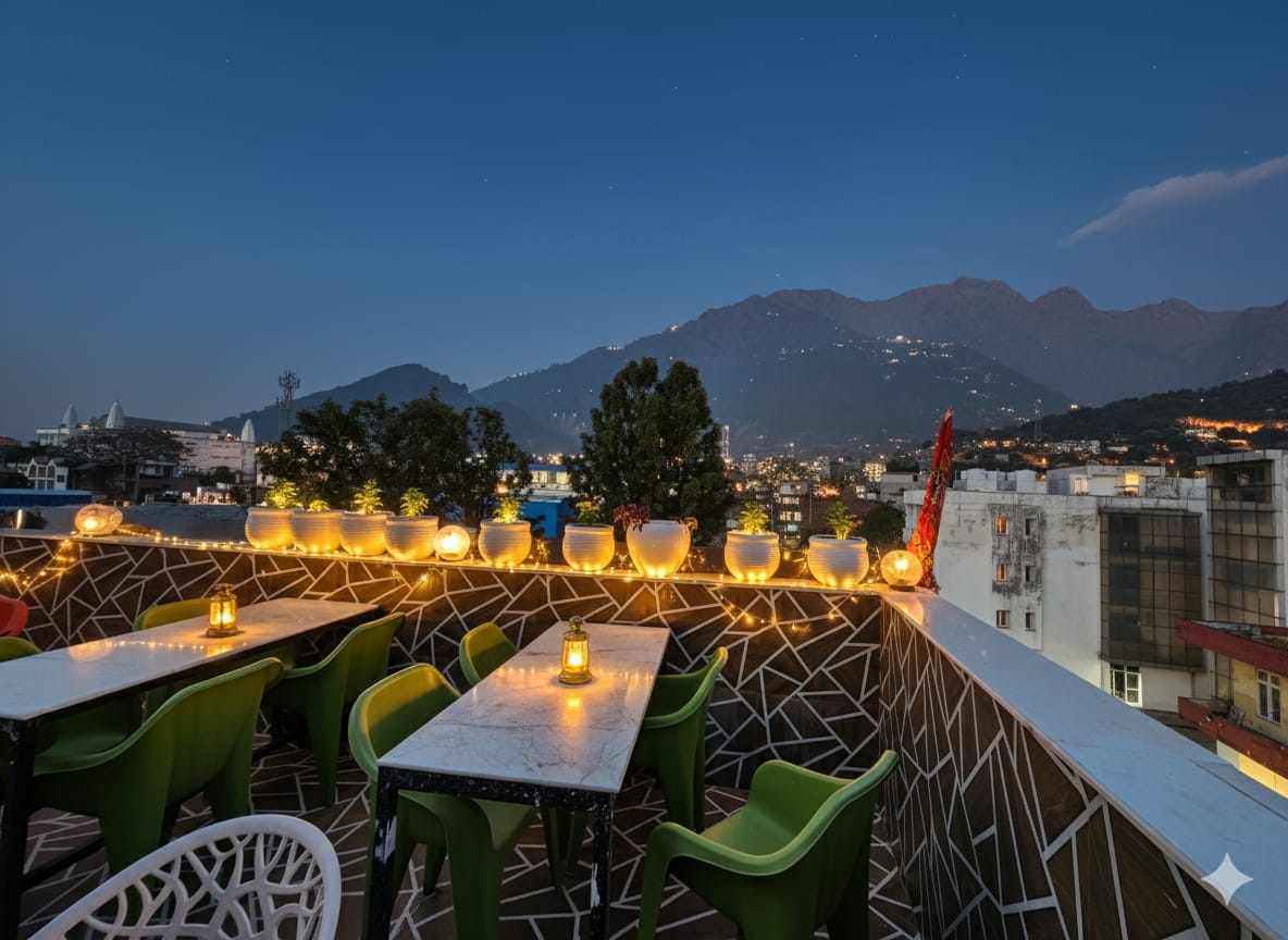 Rooftop terrace lit up at dusk with hill views